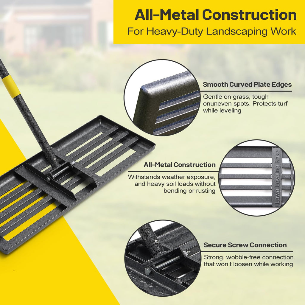 Lawn Leveling Rake,30x10 Inch Ground Plate,72 Inch Adjustable Long Handle Yard Level Tool with Curved Edge,Heavy Duty Large Landscaping Lawn Leveler for Grass, Golf Field, Soil Sand Dirt Spreader