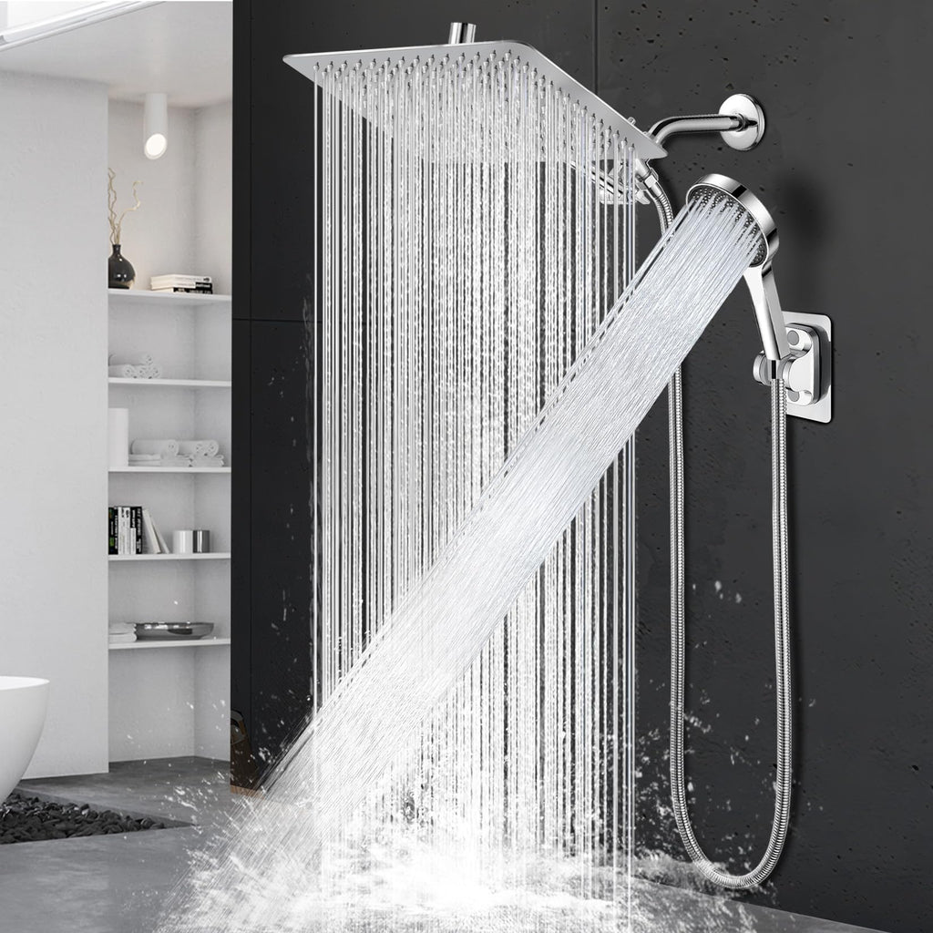 Shower Head,12”Rain Shower Head with Handheld Spray Combo and Adjustable Extension Arm/Shower System,High Pressure Rain Fall Hose,Chrome