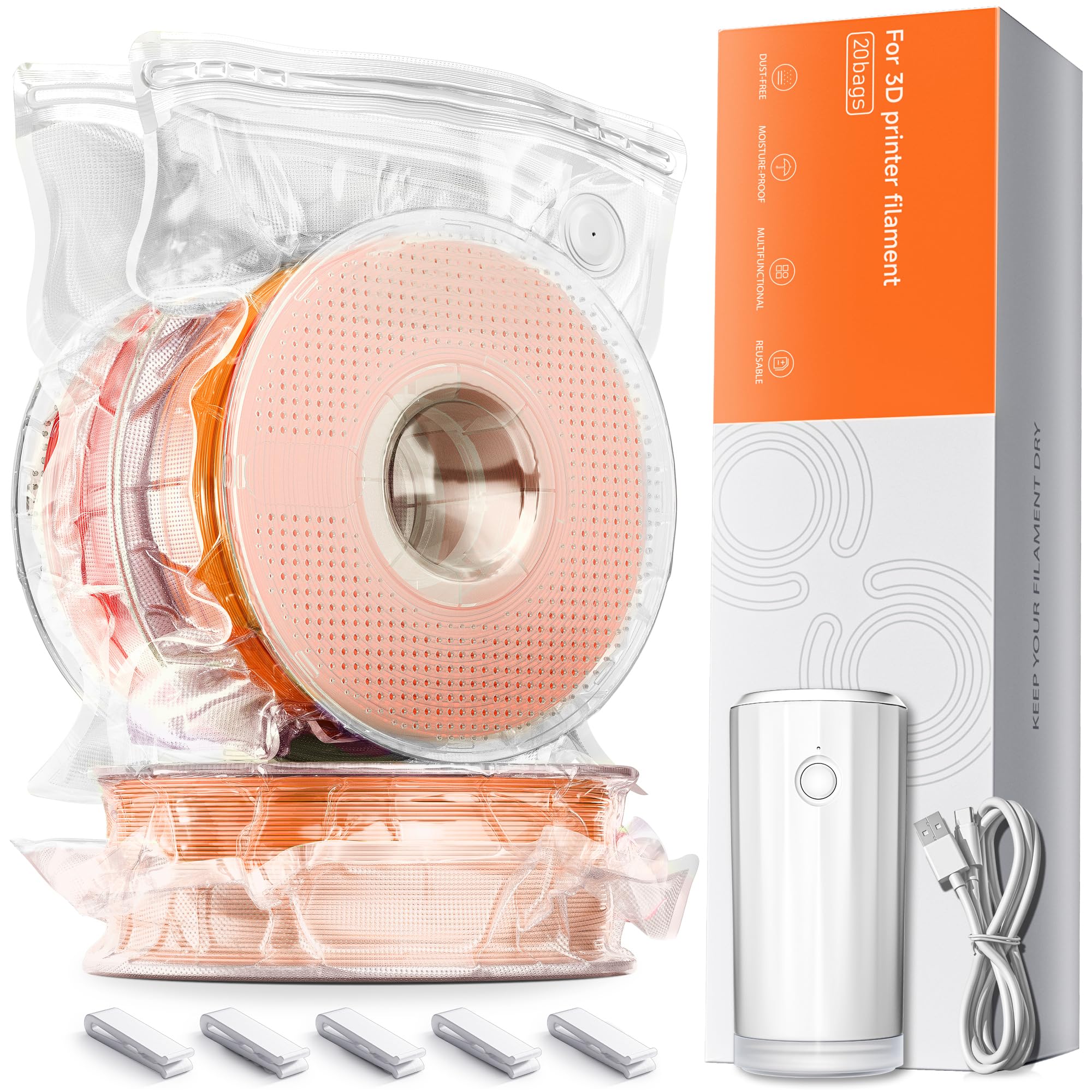 Filament Storage Bags with Auto Pump - Upgraded 20 Extra Large Filament Bags (14.9 * 13 inch) Plus 20 Desiccants and 5 Clips - Extra Large Filament Vacuum Bags Designed for Bambulab Reusable Spool