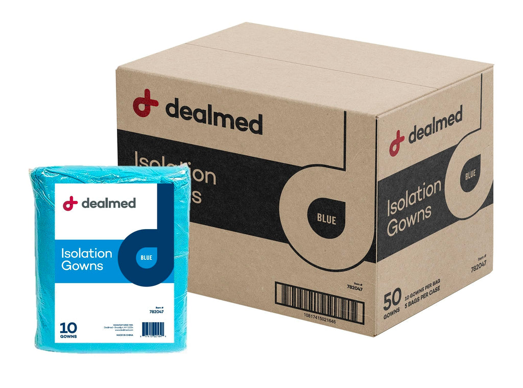 Dealmed Blue Isolation Gown – Disposable Medical Gowns, Latex-Free, Perfect for Hospitals, Medical Facilities, and Physicians’ Offices (Case of 50)