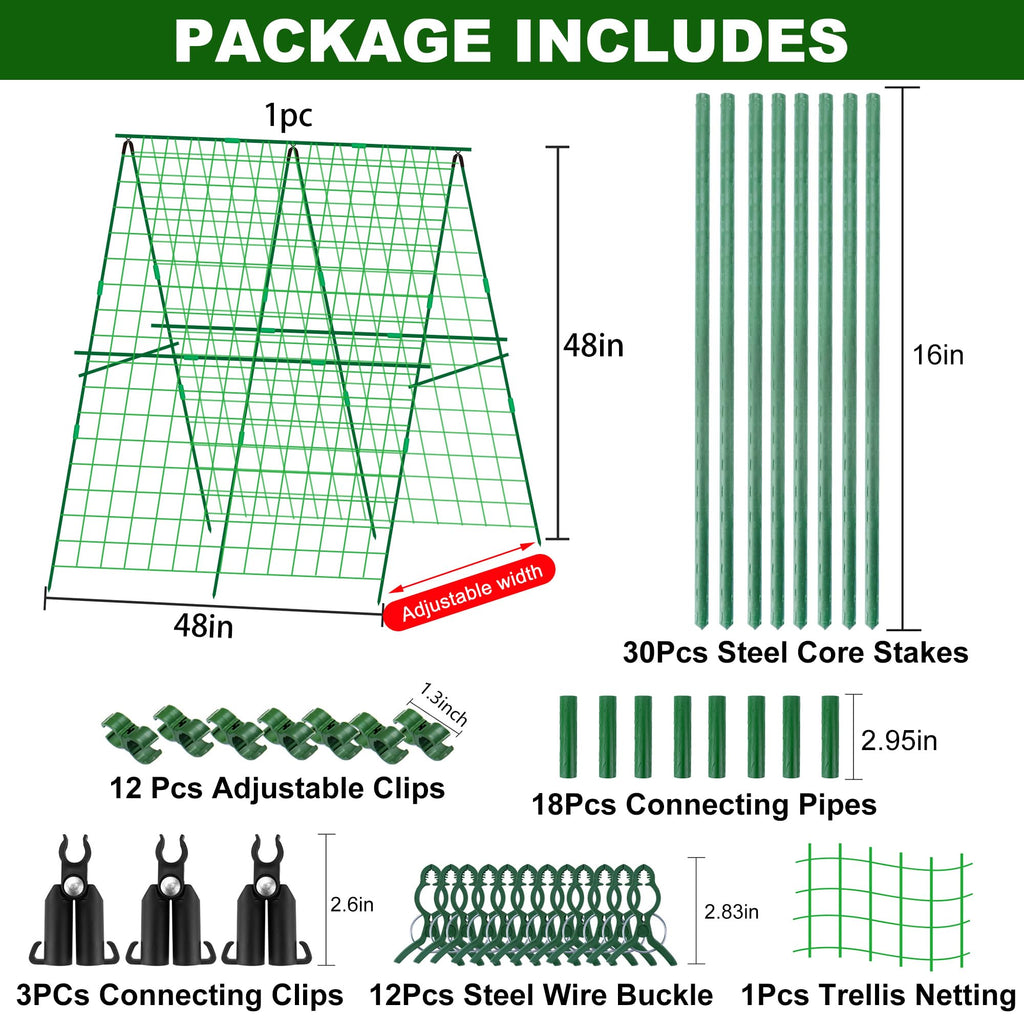 48 x 48 Inch Foldable Cucumber Trellis for Raised Bed- A-Frame Garden Trellis for Climbing Plant Outdoor with Climbing Net and Plant Support Clip for Outdoor Plants Zucchini Vegetables Tomato Flowers