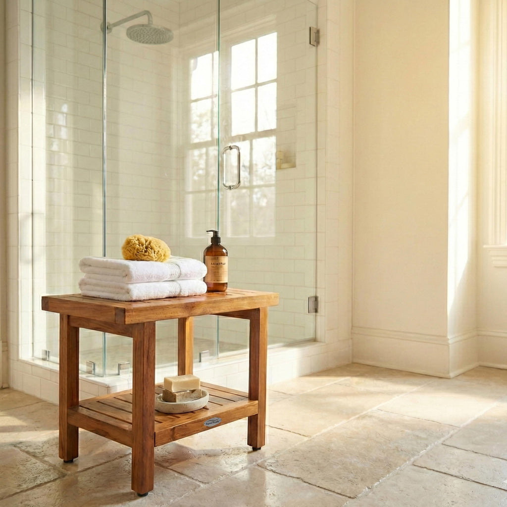 AquaTeak The Original 24" Spa Teak Shower Bench with Shelf