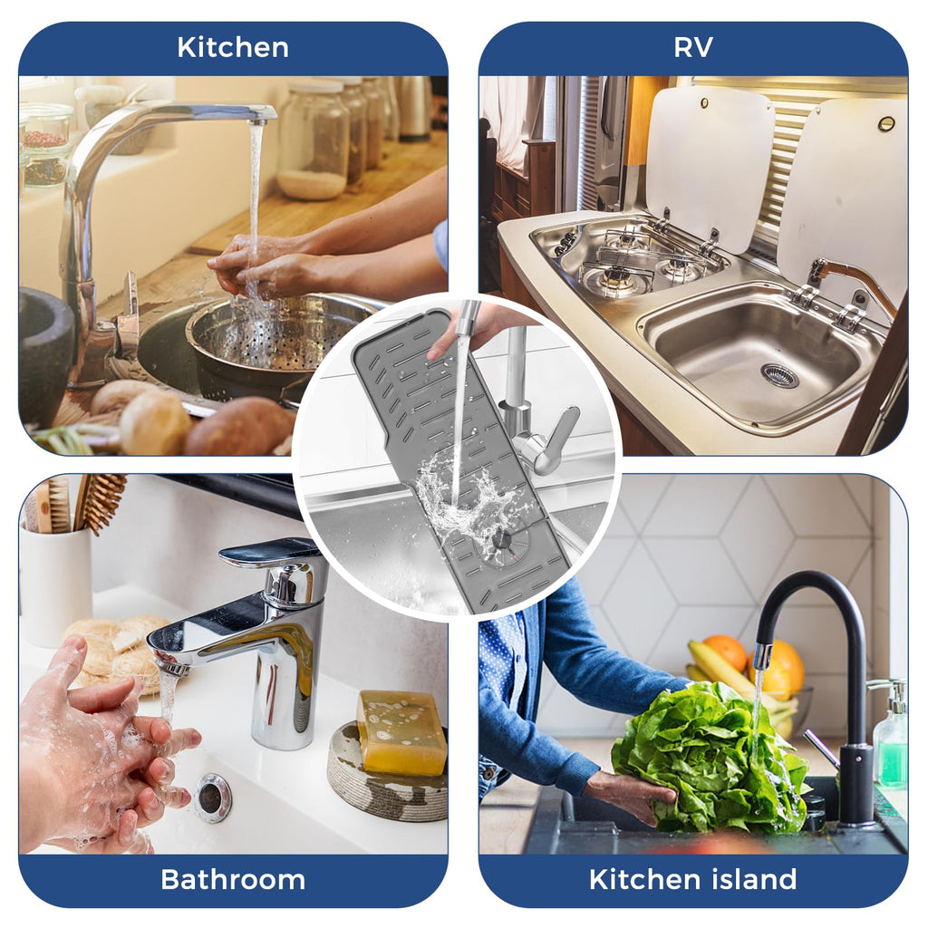 24" Splash Guard Plus Size Silicone Sink Faucet Drying Mat Handle Drip Catcher Tray Dish Sponge Holder Kitchen Accessories Protector Home Organization Gadgets Organizer