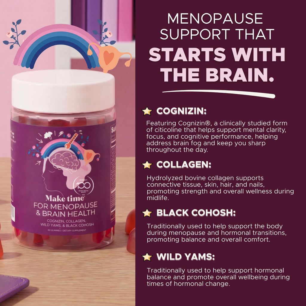 MAKE TIME | Menopause Support Gummies for Women – Cognizin Citicoline, Black Cohosh, Wild Yam, Collagen, B Vitamins – Brain Health, Hormonal Balance & Focus Support, Zero Sugar – 30 Day Supply