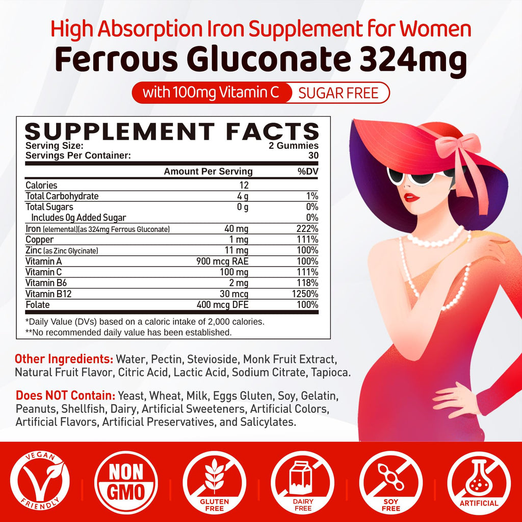 Iron Gummies for Women Teen Girls, Ferrous Gluconate 324 mg with Vitamin C, Iron Supplement Plus Vitamin A, B, Folate, Copper, Zinc, Energy & Blood Support, Immune Health, Sugar Free 60 Gummies