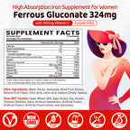 Iron Gummies for Women Teen Girls, Ferrous Gluconate 324 mg with Vitamin C, Iron Supplement Plus Vitamin A, B, Folate, Copper, Zinc, Energy & Blood Support, Immune Health, Sugar Free 60 Gummies