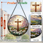 Cross and Wildflowers Stained Glass Sun Catcher Christian Window Hanging