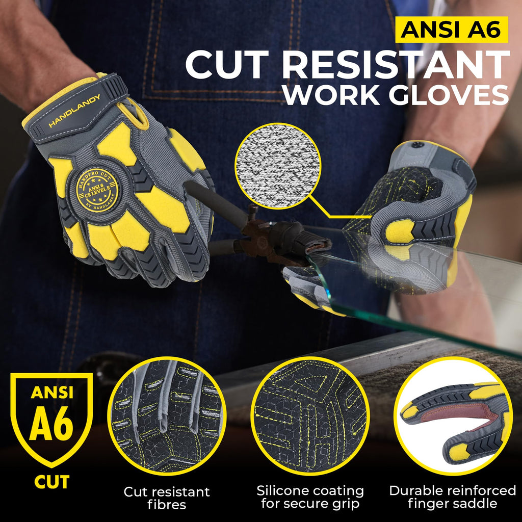 HANDLANDY Cut Resistant Men Impact Resistant Work Gloves, Padded Palm Grip Heavy Duty Working Glove (Medium, Blue)