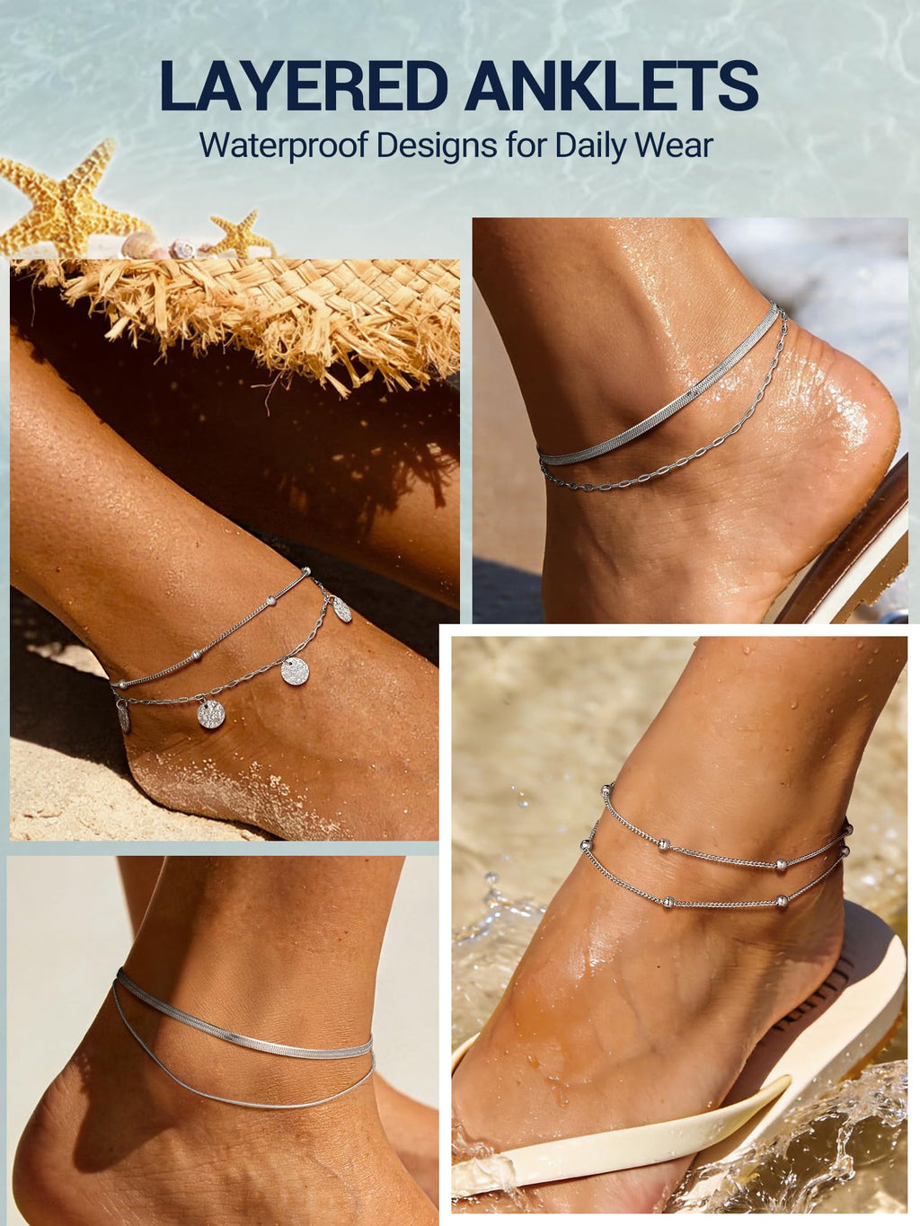 PROSTEEL Silver Anklets for Women Waterproof, 8-10.5" Adjustable