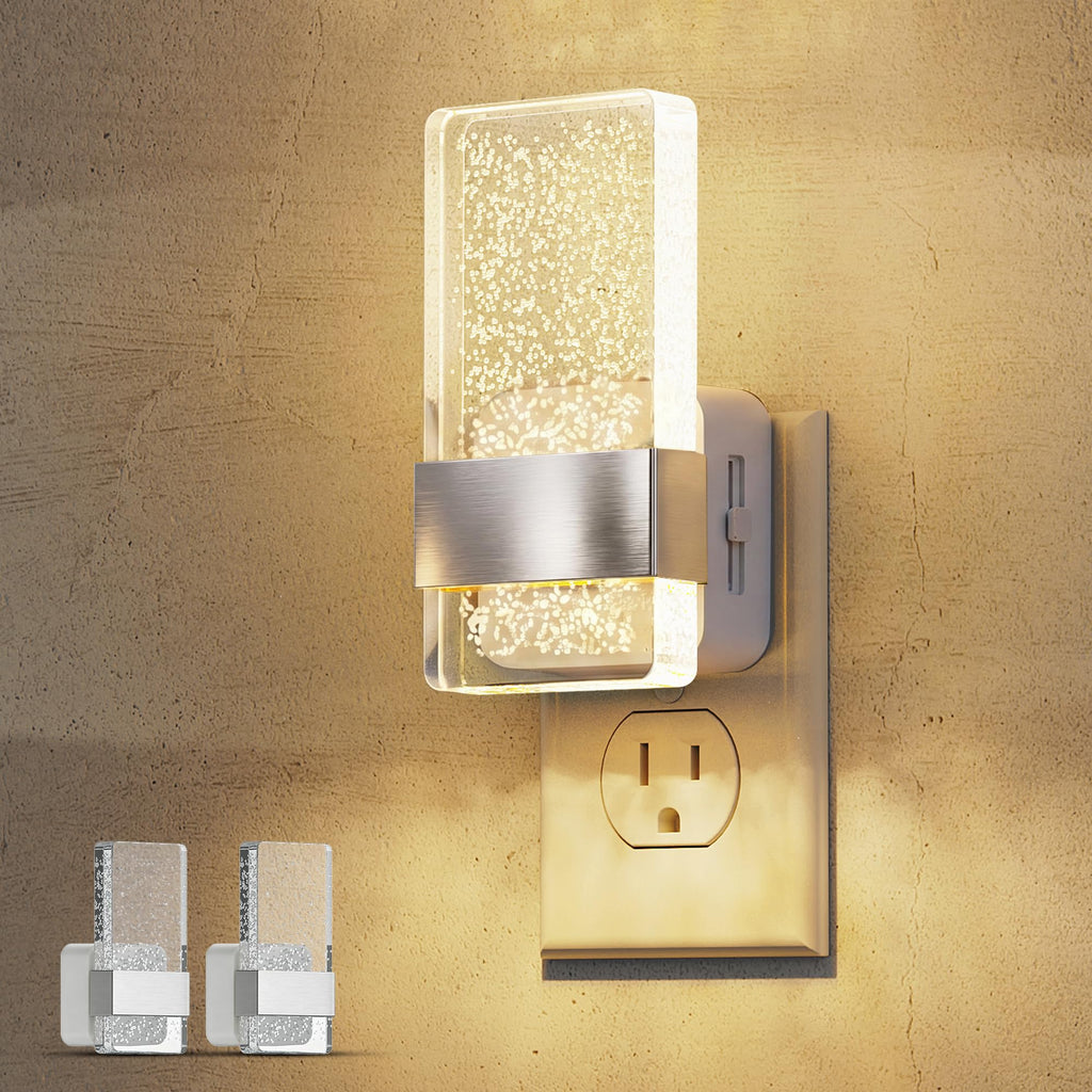 L LOHAS LED Night Light, Dimmable Night Lights Plug into Wall, 2 Pack Acrylic Silver Nightlight with Light Sensor, 0-100LM Automatic Plug in Nightlight for Bathroom, Hallway, Stairway, Gift