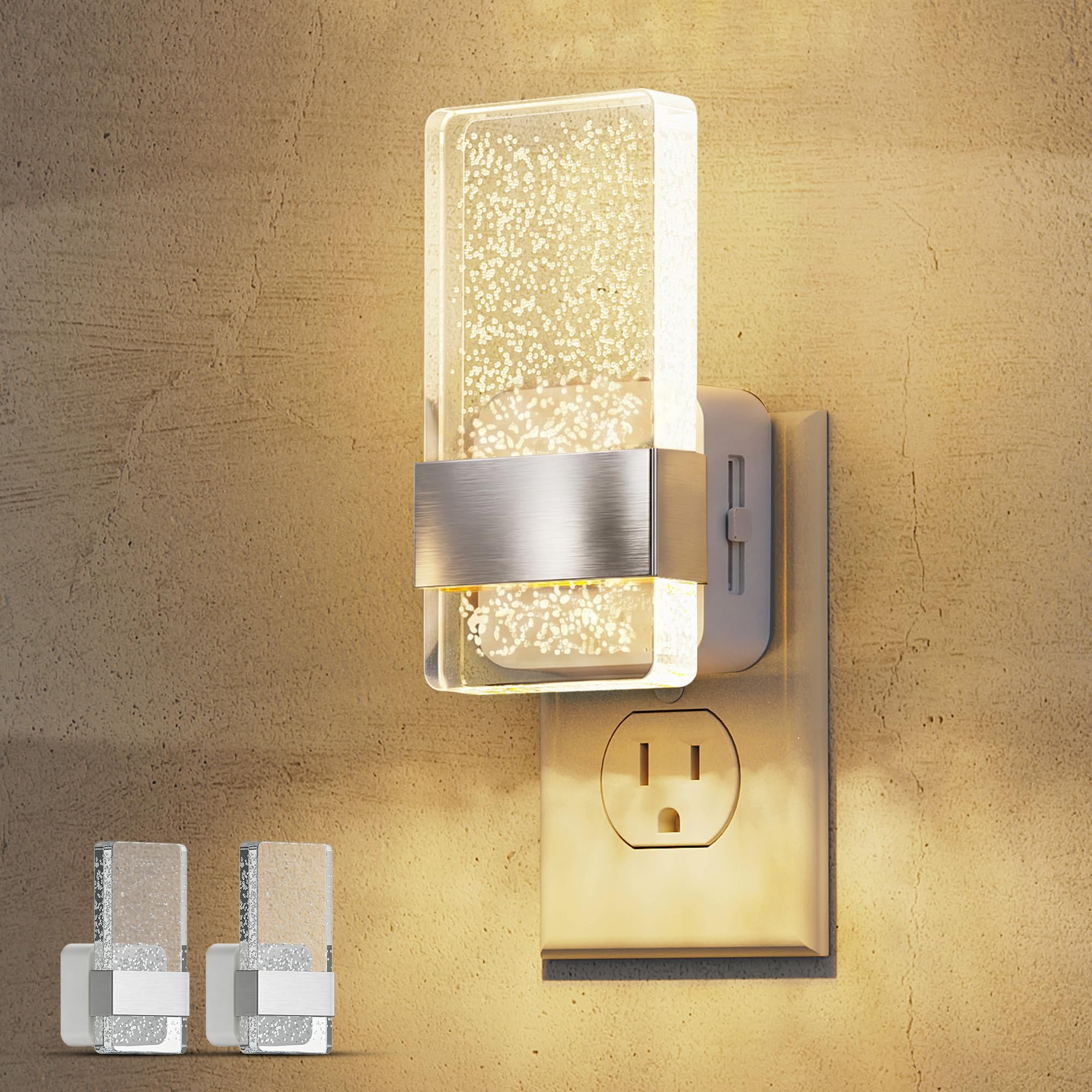 L LOHAS LED Night Light, Dimmable Night Lights Plug into Wall, 2 Pack Acrylic Silver Nightlight with Light Sensor, 0-100LM Automatic Plug in Nightlight for Bathroom, Hallway, Stairway, Gift