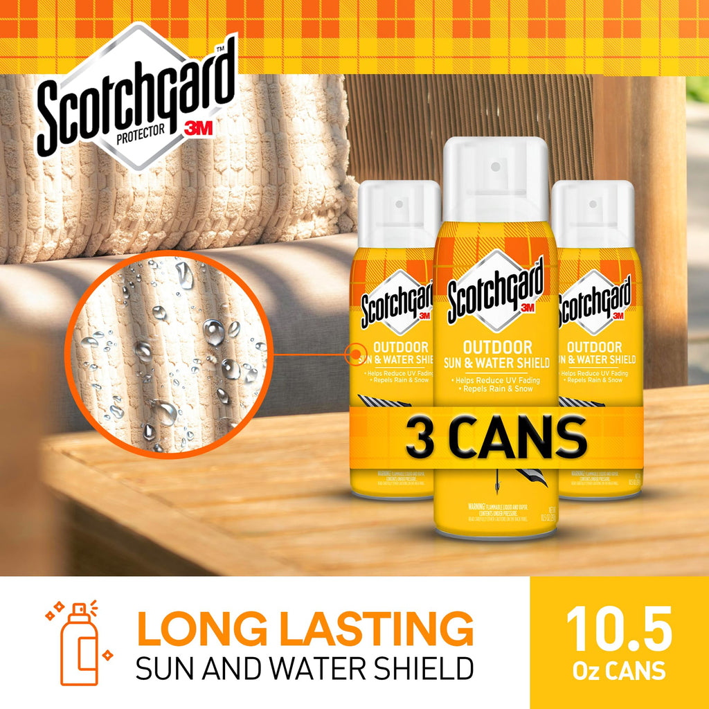 Scotchgard Water & Sun Shield Outdoor Fabric Protector Spray, UV Protection and Water Protection for Patio Furniture, Upholstery & More – 10.5 oz Aerosol (3 Cans)