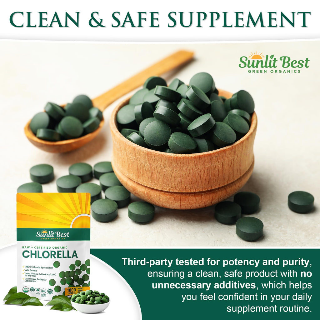 Sunlit Best USDA Organic Premium Chlorella Tablets 1000 Count | 100% Pure Chlorella Superfood Supplement High in Protein, Chlorophyll, Vitamins, & Minerals | Supports Good Health, Wellbeing