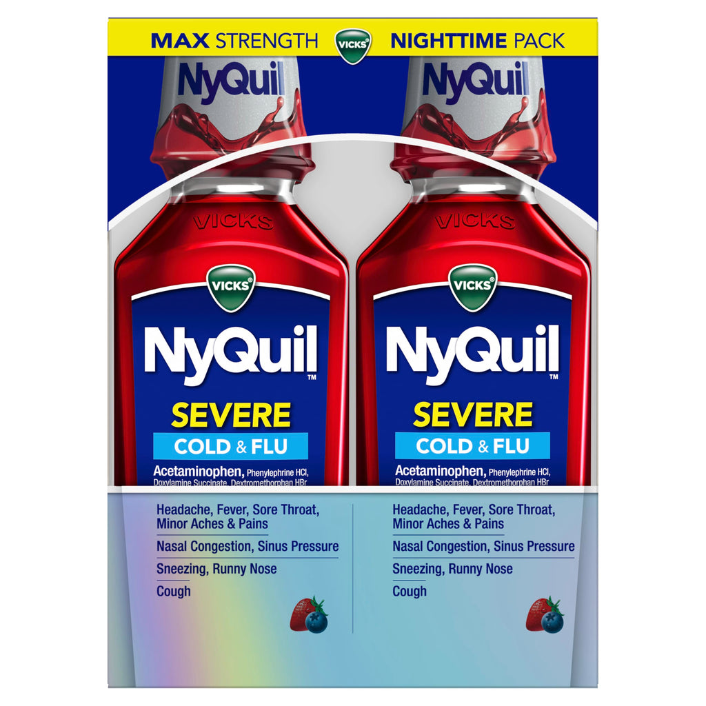 Vicks NyQuil SEVERE Cold & Flu Liquid Twin Pack, Nighttime Relief Medicine for Headache, Fever, Sore Throat, Minor Aches & Pains, Nasal Congestion, Sneezing, Runny Nose, Cough, Berry Flavor, 2x12 OZ