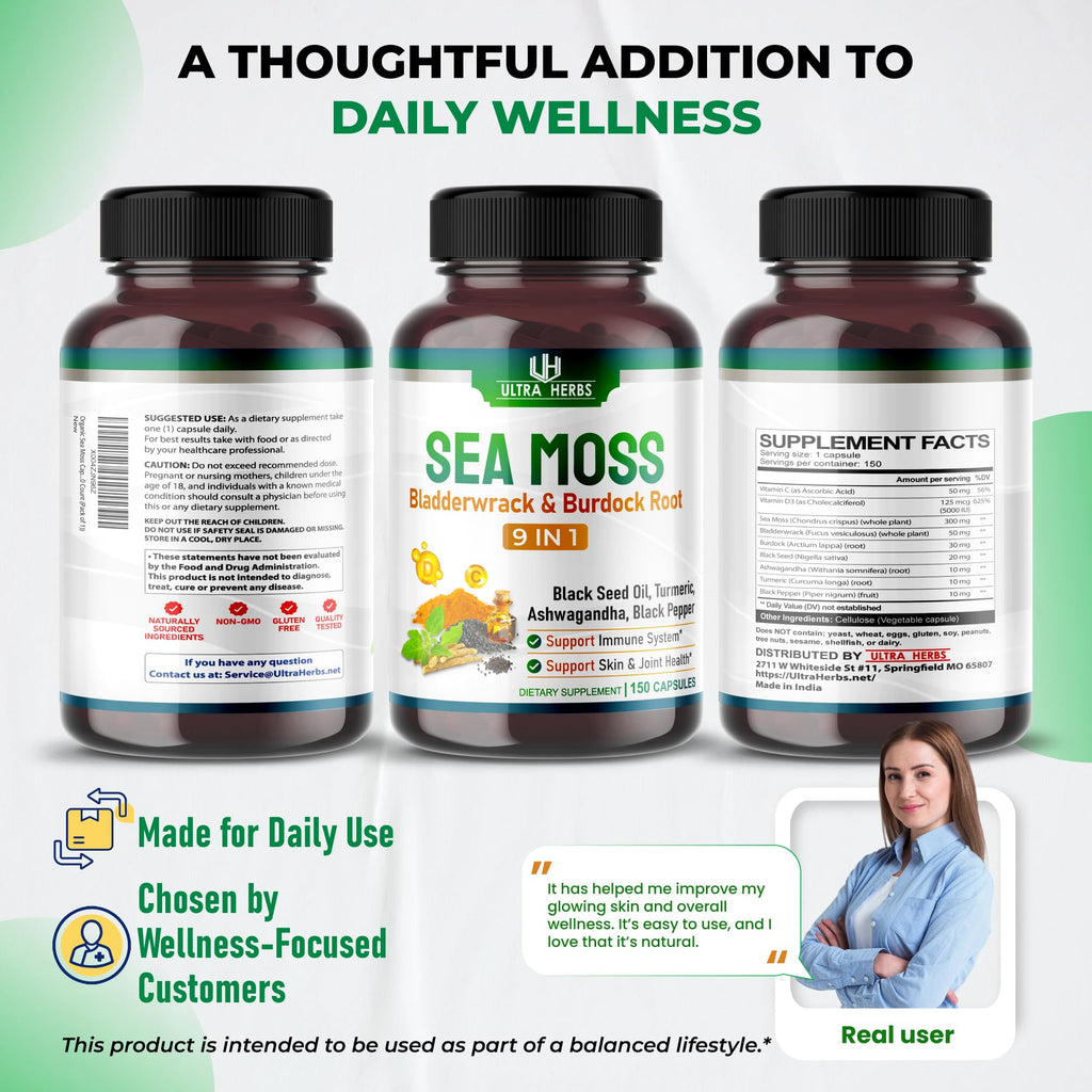 Ultra Herbs Sea Moss Capsules with Black Seed Oil, Ashwagandha, Vitamin D3 & C, 9-in-1 Immune & Overall Wellness Support*, 150 Capsules, Non-GMO, Gluten Free