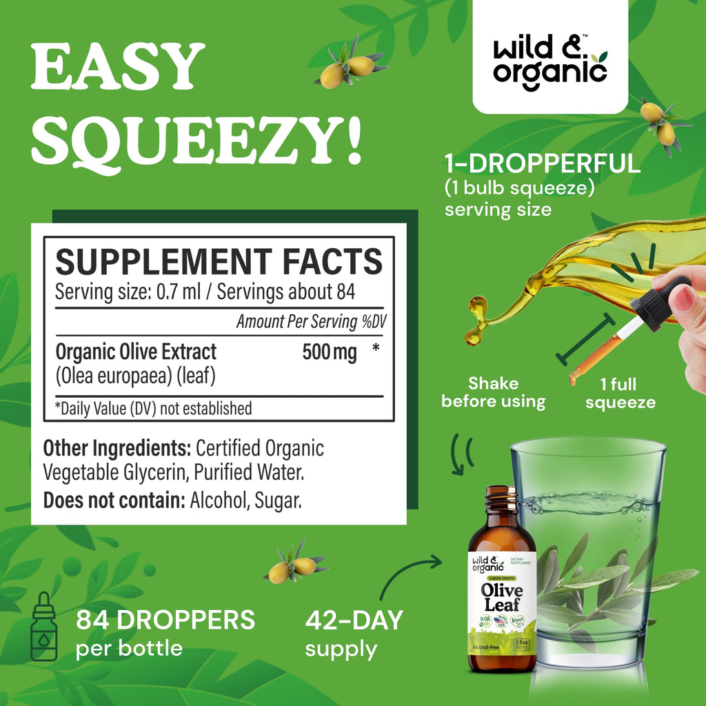 Wild & Organic Olive Leaf Extract Liquid Drops - Immune & Antioxidant Support - Oleuropein Olive Leaf Supplement - Add to Tea Tincture - Vegan, Sugar & Alcohol-Free - 2 fl oz