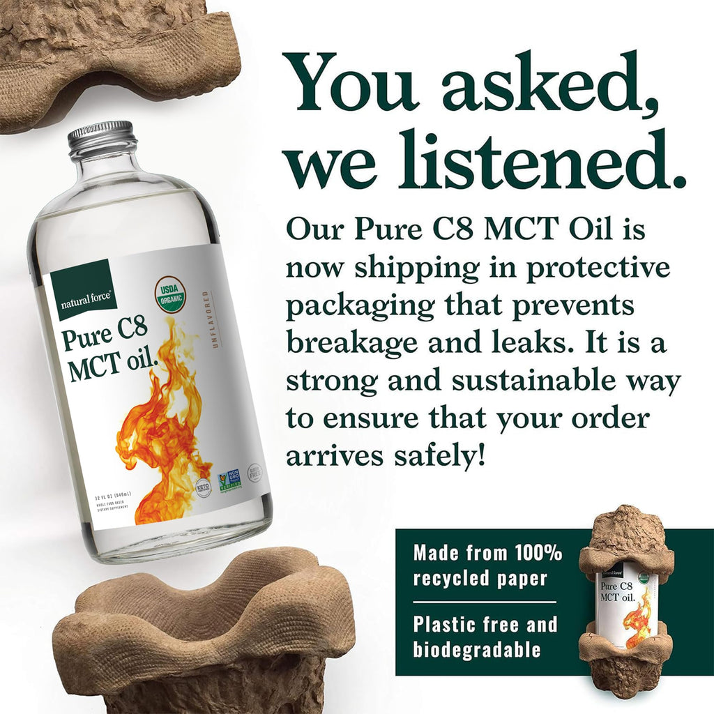 Natural Force Organic Pure C8 MCT Oil – Liquid MCT Oil in Glass Bottle Container – Concentrated Caprylic Acid – Keto, Paleo, Kosher, Vegan & Non-GMO – Lab Tested for Quality and Purity, 32 Ounce