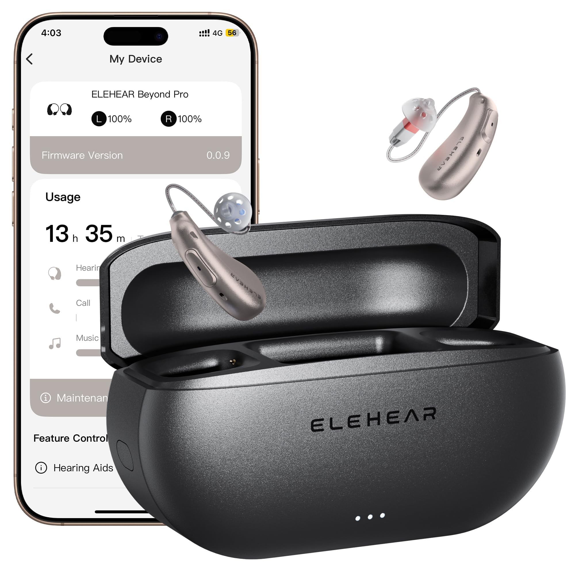 ELEHEAR-Beyond Pro Hearing Aids, Bluetooth Rechargeable OTC Hearing Aids for Seniors and Adults, Premium Sound Algorithm with VocClear 2.0, 30% Clearer Speech, Music Mode & Enhanced App, Champagne Gold