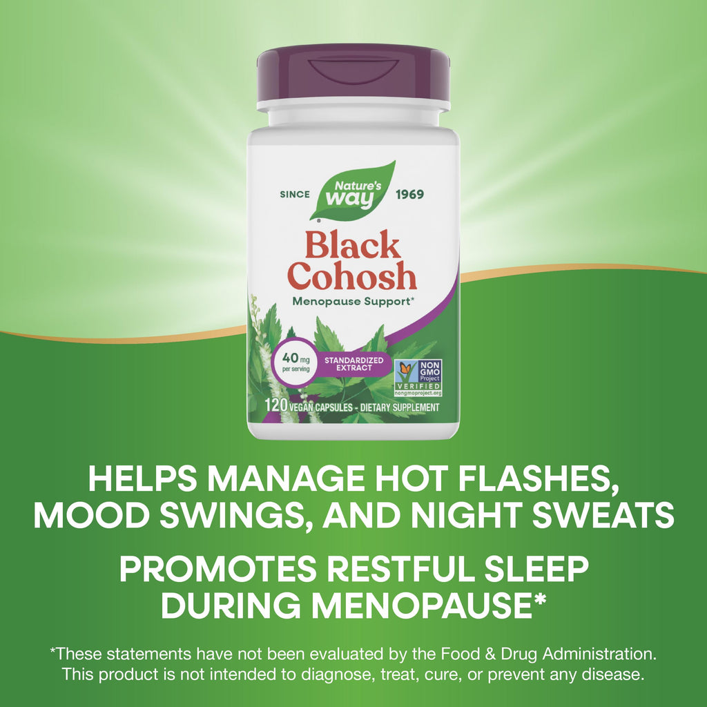 Nature's Way Black Cohosh Premium Extract, Helps Reduce Night Sweats and Promotes Restful Sleep for Women During Menopause*, 40 mg per Serving, 120 Vegan Capsules (Packaging May Vary), (Pack of 2)