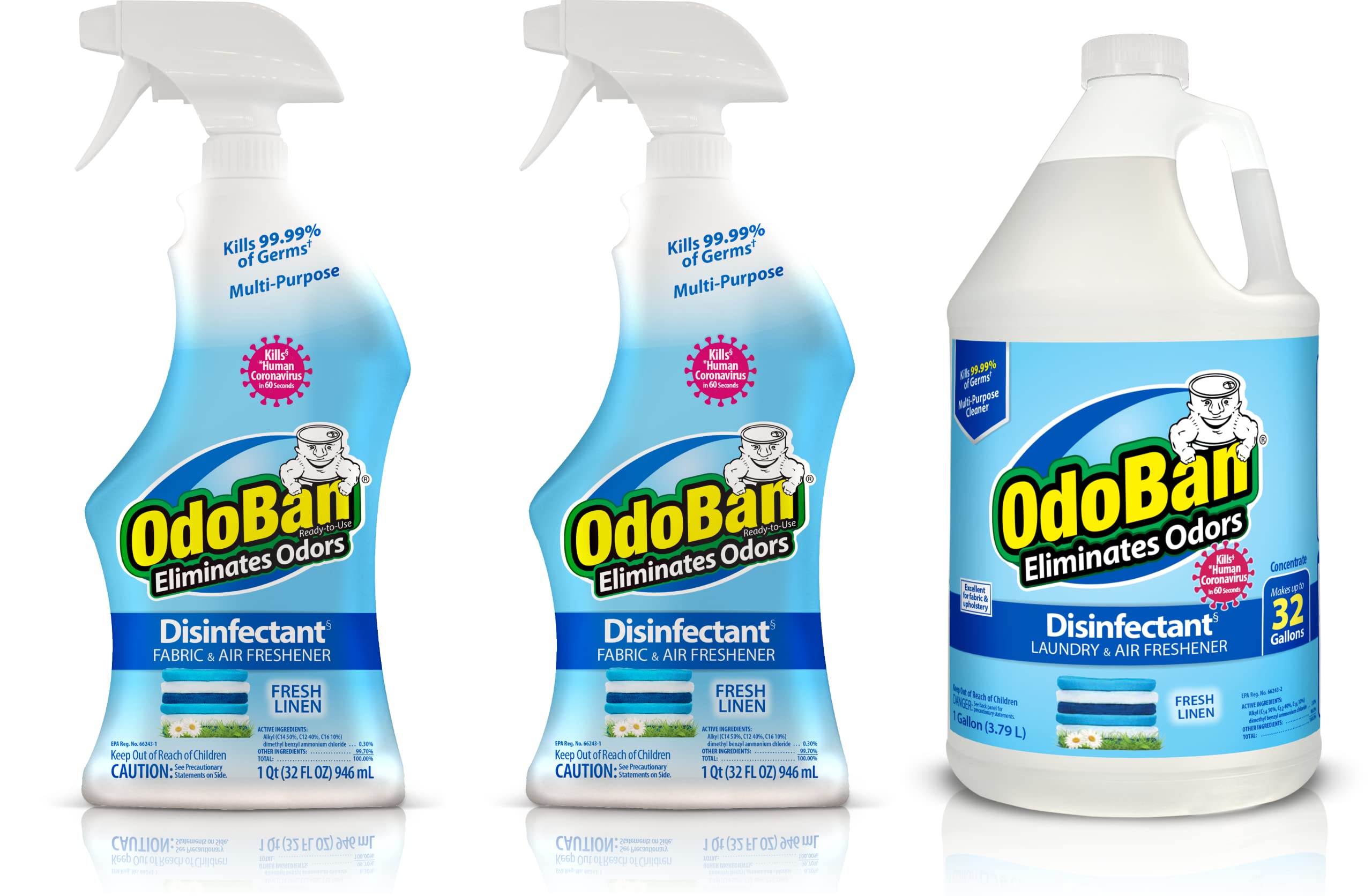 OdoBan Ready-to-Use Disinfectant and Odor Eliminator, Made in the USA, Fresh Linen Scent, Set of 3, 2 Spray Bottles, 32 Ounces Each and 1 Gallon Concentrate