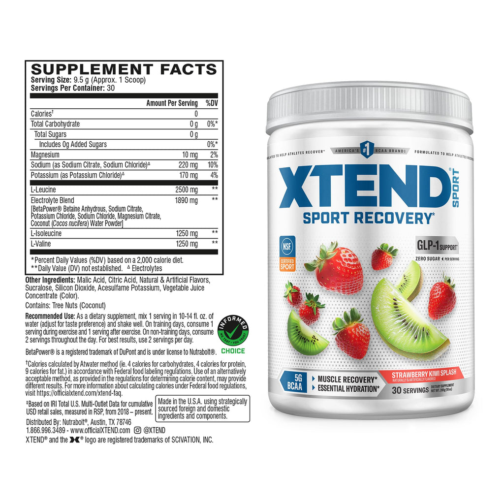 Xtend Sport BCAA Powder Strawberry Kiwi Splash - Electrolyte Powder for Recovery & Hydration with Amino Acids - 30 Servings