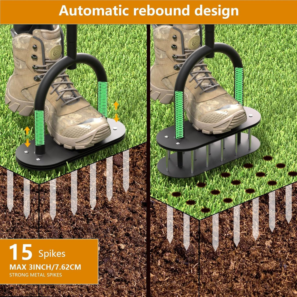 seasky Lawn Aerator, Manual Lawn Aerator Tool with Padded T-Handle, Wide Foot Plate & 15-3 Inch Solid Steel Spikes, Dual-Layer Design for Effortless Aeration in Lawn, Yard and Garden Soil