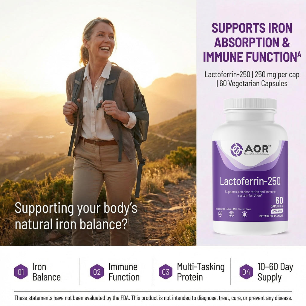 AOR Lactoferrin 250mg, 60 Vegetarian Capsules, 30-60 Day Supply – Supports Healthy Iron Balance & Enhanced Daily Vitality for Overall Well-Being – Non-GMO, Gluten-Free.