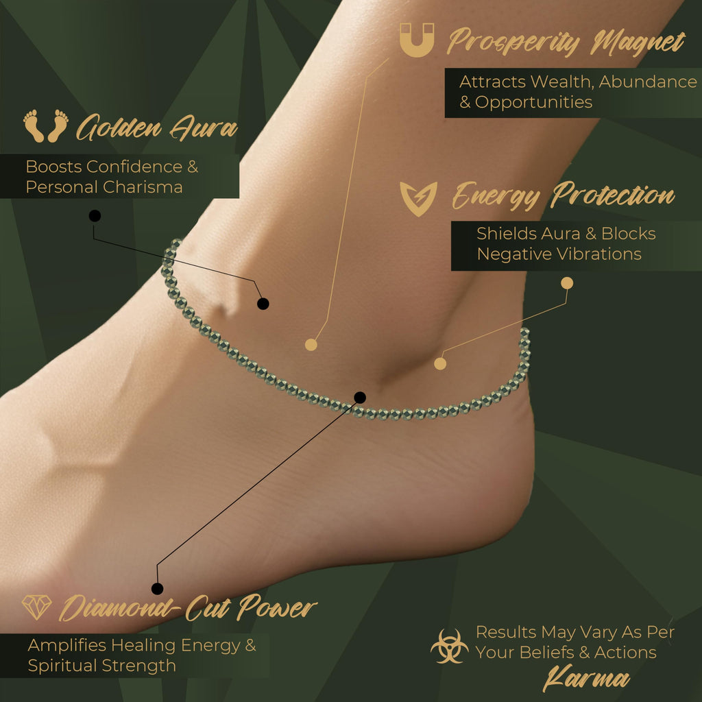 ORBON Original Certified Raw Pyrite Anklet for Women | Natural Raw Pyrite Crystal Ankle Bracelet for Wealth & Abundance | Genuine Stone, Adjustable Fit, Astrologer Recommended | Success Energy with Activation Card & Authenticity Certificate (2 MM BEADS)