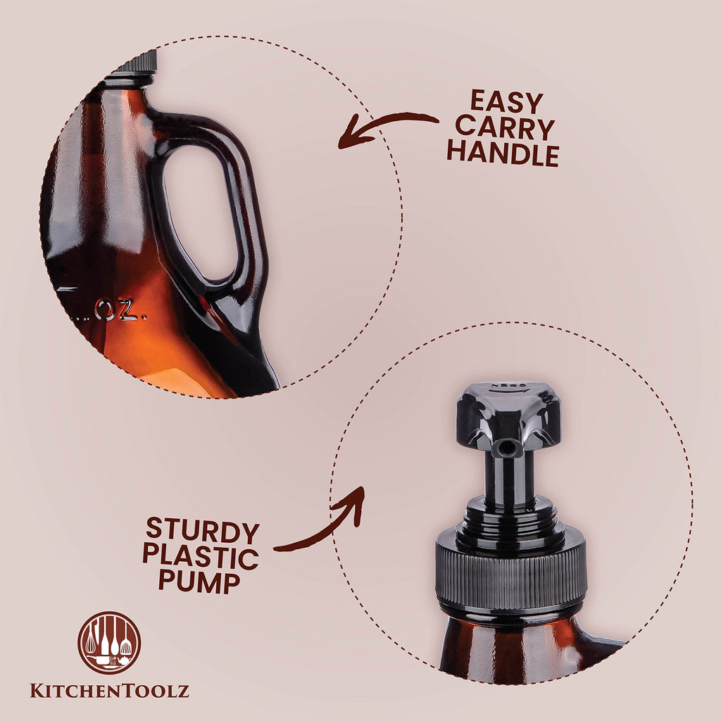 Large Amber Pump Bottle for Salons, Shampoo, Conditioner, Hair Serum, Gel - Half Gallon Glass Jug Pump Dispenser - 64 oz Capacity - Pack of 1- by Kitchentoolz