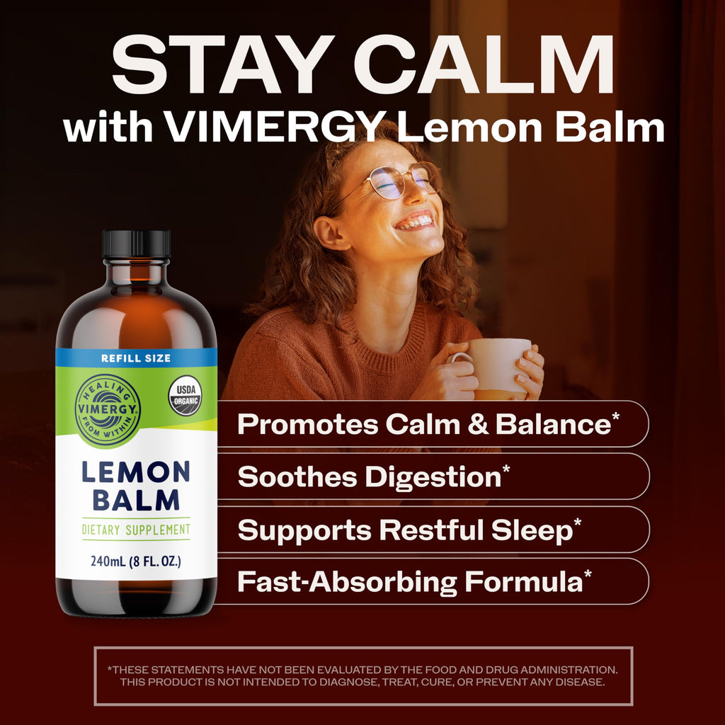 Vimergy USDA Organic Lemon Balm Tincture Herbal Supplement – Can be Used in Tea - Non-GMO, Alcohol-Free – 240 mL (1 mL/Serving)