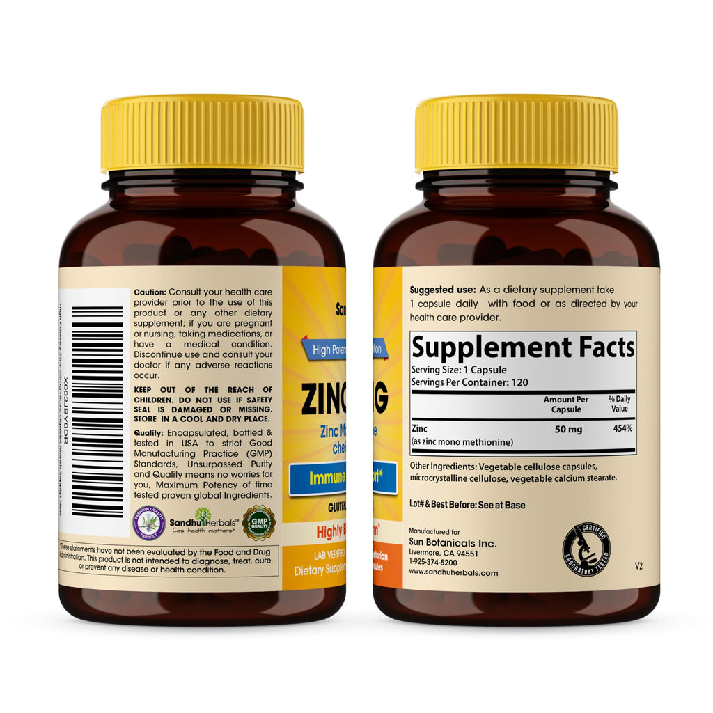 Zinc 50mg Capsules for Men and Women, 360 Count | Highly Absorbable Zinc Supplements for Immune System Support | Zink 50 mg Mono Methionine Chelated Complex |Helps with Skin Health & Overall Immunity