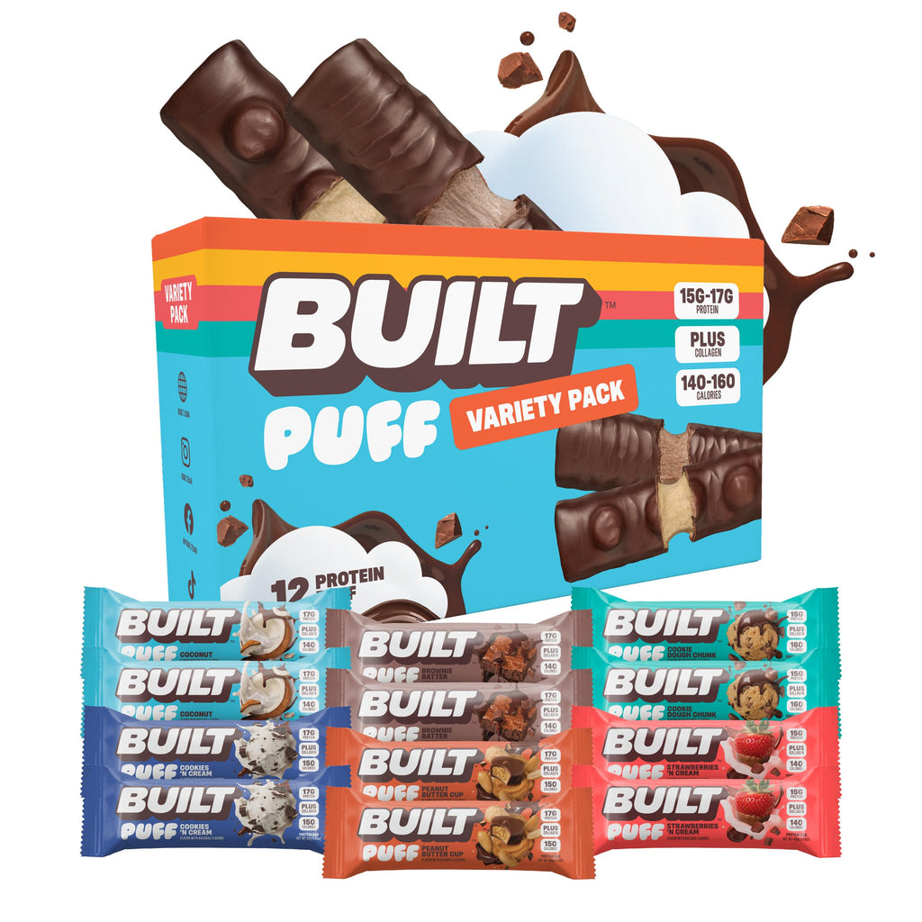 BUILT Bar Puff Protein Bars - Variety Pack - 15-17g Protein Snack Bars with Collagen - Calorie Conscious & Gluten Free - 12 Count, Variety May Vary