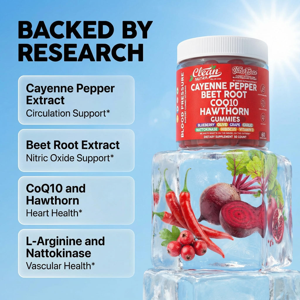 Clean Nutra Cayenne Pepper Beet Root Gummies Beetroot Garlic CoQ10 Hawthorn Berry Grape Seed Extract Olive Leaf Nattokinase Hibiscus Vitamin D Nitric Oxide - VasoEase