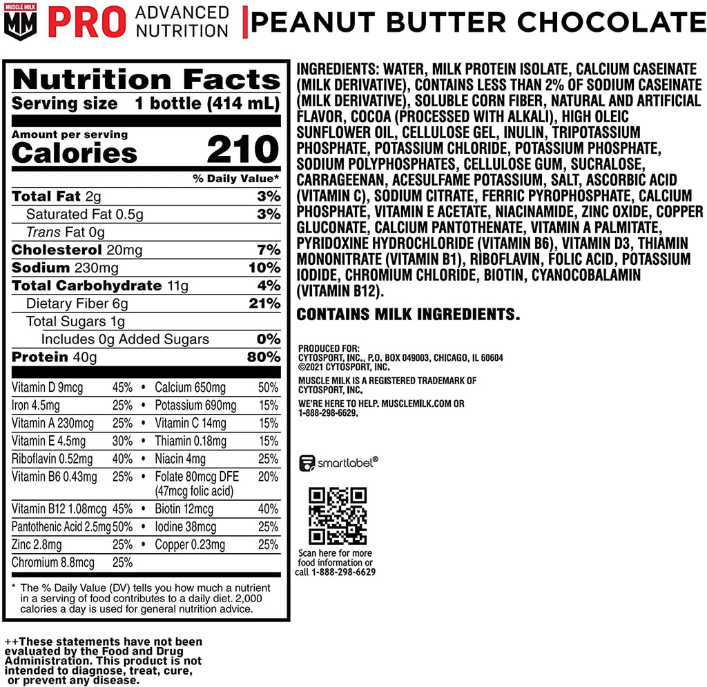 Muscle Milk Pro Series Protein Shake,Chocolate Peanut Butter,40g Protein,14 Fl Oz,(Pack of 24)