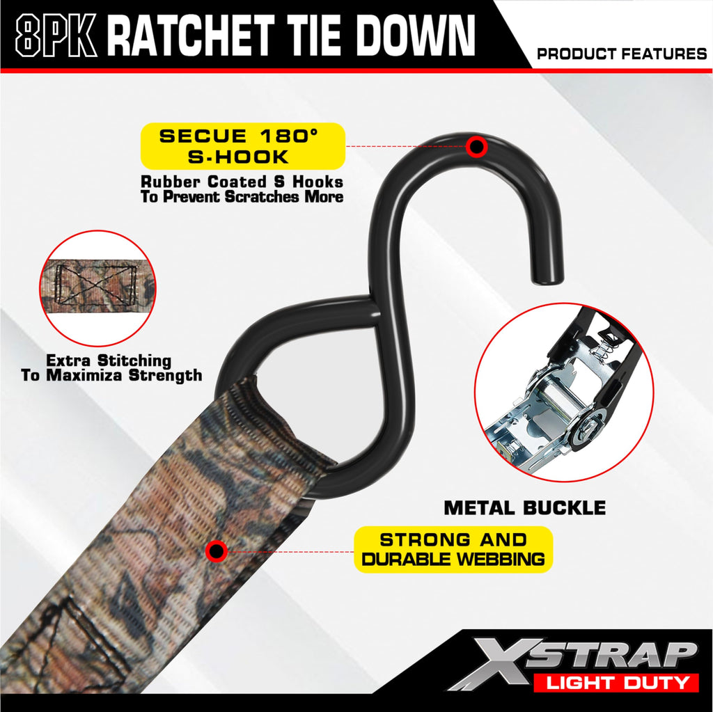 XSTRAP STANDARD Ratchet Tie Down Straps - 8PK - 1'' x 10 ft - 900 LB Break Strength Cargo Straps for Moving Appliances, Lawn Equipment, Motorcycle (Camouflage2)