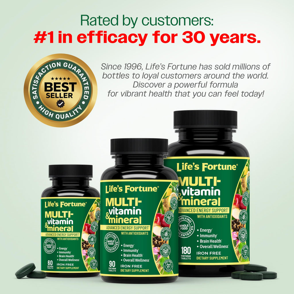 Life's Fortune Whole Food Multivitamin & Mineral Supplement for Men & Women – Energy Support Vitamins for Immune, Brain & Metabolism Support – Iron Free, 180 Vegetarian Tablets