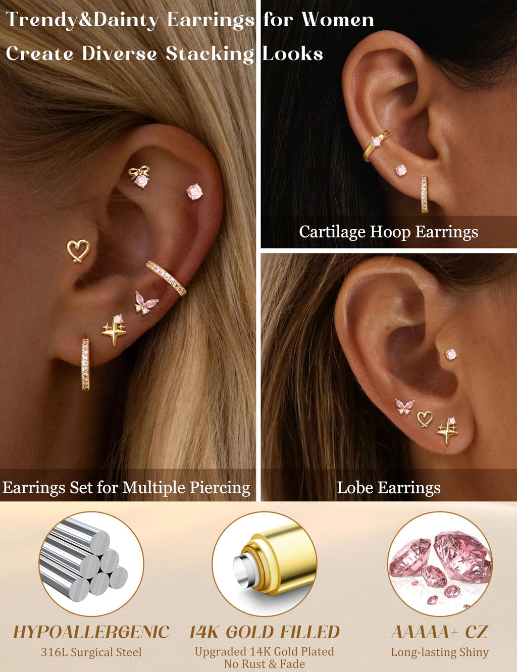 Kakonia Hypoallergenic Flat Back Earrings for Women Men Surgical Steel Earring for Sensitive Ears, 14K Gold Plated Stainless Steel Flatback Stud Hoop Cartilage Earring Stacks for Multiple Piercing G P