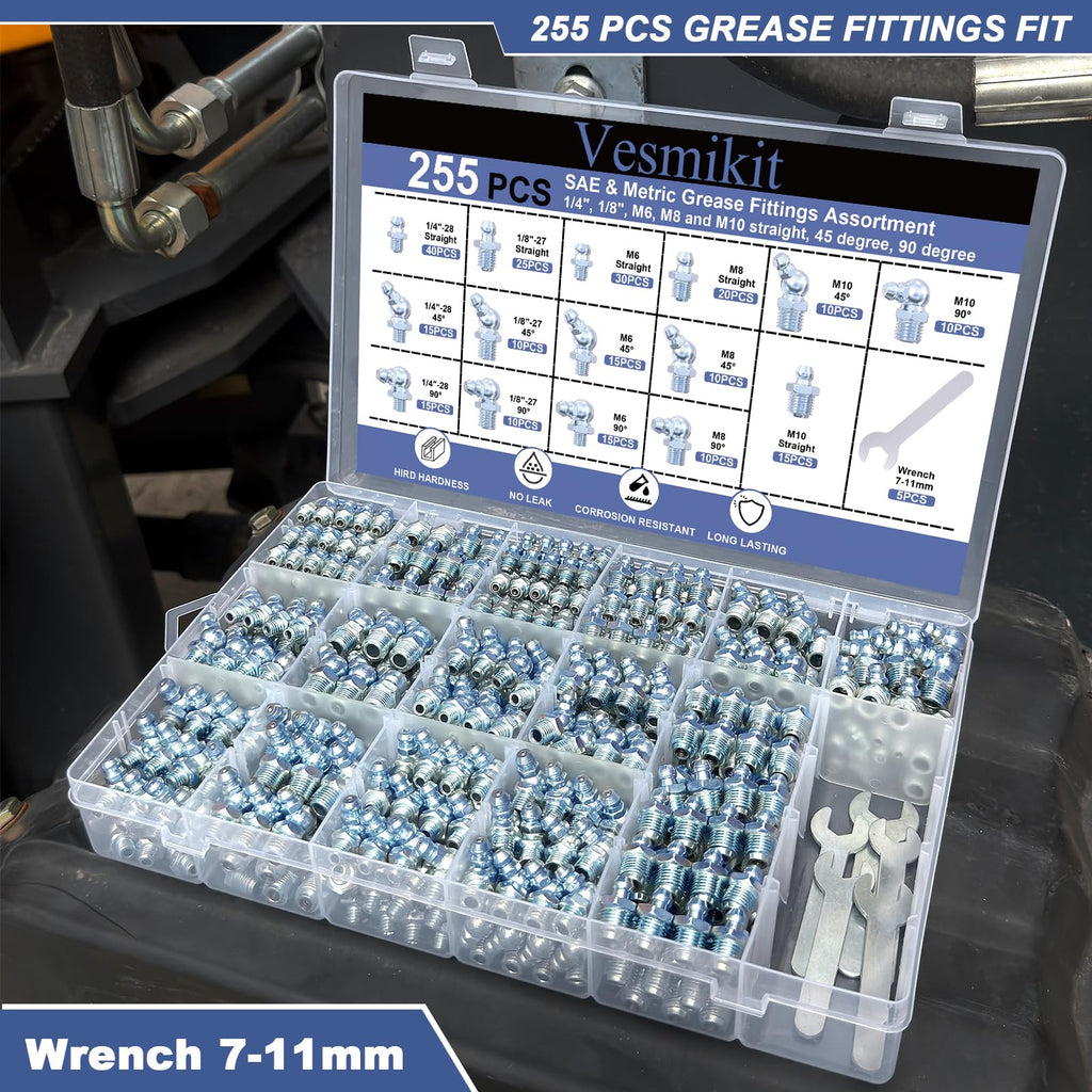 255PCS Grease Fittings Assortment,SAE & Metric Grease Zerk Fittings 1/4" 1/8" M6 M8 M10 straight 45 90 degree with Wrench Kit(7-11mm) for Grease Gun,Fit Tractor Vehicle Excavator Trailer Equipment
