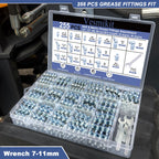 255PCS Grease Fittings Assortment,SAE & Metric Grease Zerk Fittings 1/4" 1/8" M6 M8 M10 straight 45 90 degree with Wrench Kit(7-11mm) for Grease Gun,Fit Tractor Vehicle Excavator Trailer Equipment