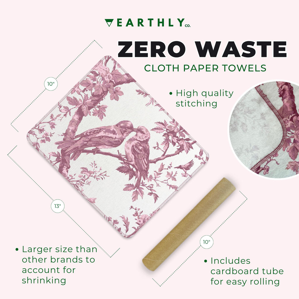 Earthly Co. Reusable Paper Towels - 10 Pack - Roll of Washable Cotton Cloth Paper Towels - Paperless Reusable Napkins Cloth Washable - Absorbent + Long Lasting - Zero Waste Products - (Love Birds)