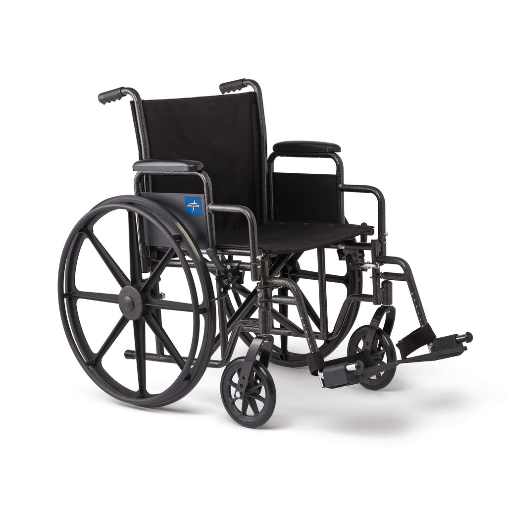 Medline Comfortable Folding Wheelchair with Swing-Back Desk-Length Arms and Swing-Away Footrests, 18”W x 16X”D Seat