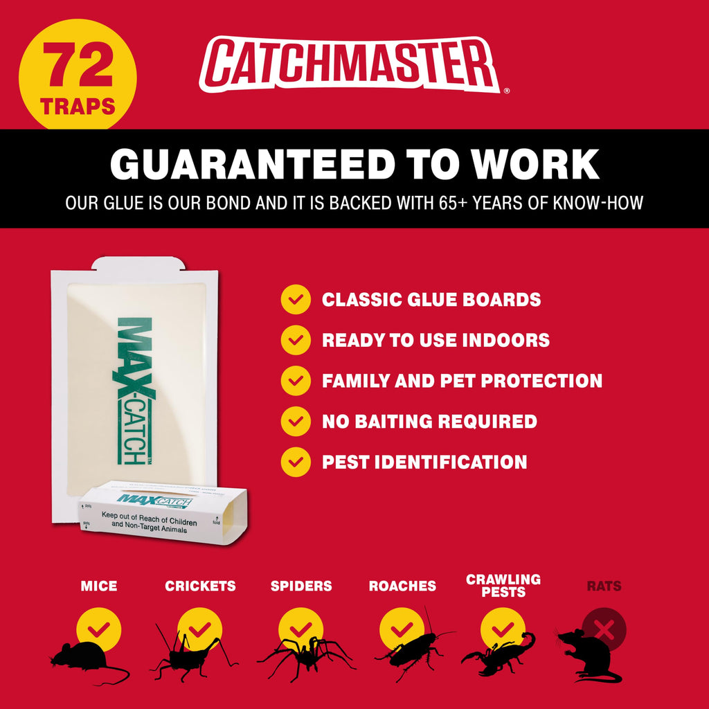Catchmaster Max-Catch Mouse & Insect Glue Trap 72pk, Mouse Traps Indoor for Home, Sticky Pest Control Adhesive Tray for Catching Bugs, Bulk Classic Glue Boards