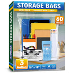 Large 3 Gallon Zippered Plastic Bags for Storage- 16'' x 18'', Ideal for Clothes Clothing, Travel, Moving, 2-mil Thick Clear Plastic, 60 pack