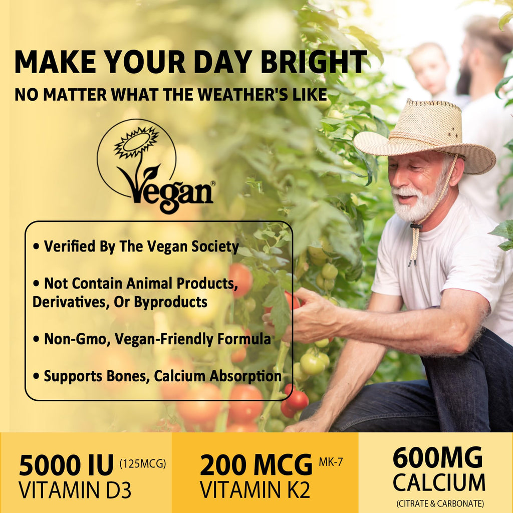 Vitamin D3 5000iu & K2( as MK7 ) 200mcg Gummies + 600mg Calcium, with Coconut Oil for High Absorption, Maximum Strength Vitamin D3 K2 Supplement - Support for Bones Muscle Teeth Immune, Vegan 2Packs