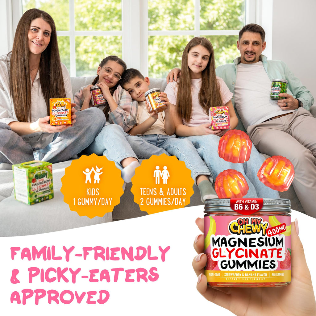 Center-Filled Magnesium Glycinate Gummies 400MG - High Absorption for Kids, Teens & Adults - Supplement for Sleep, Calm & Muscle Relaxation with B6 & D3 - Gluten Free & Vegan Friendly - 60 Count