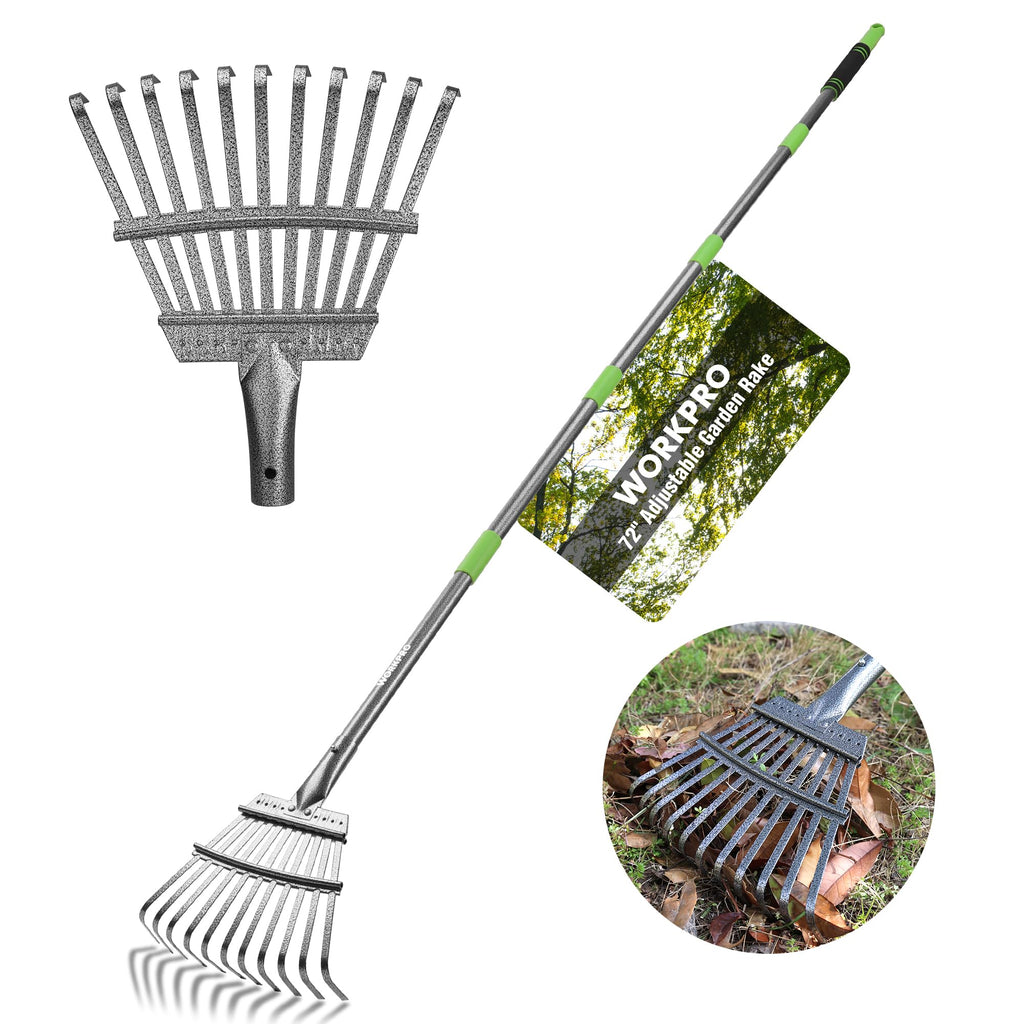 WORKPRO Rake, Small Rake for Leaves with 72” Adjustable Long Handle