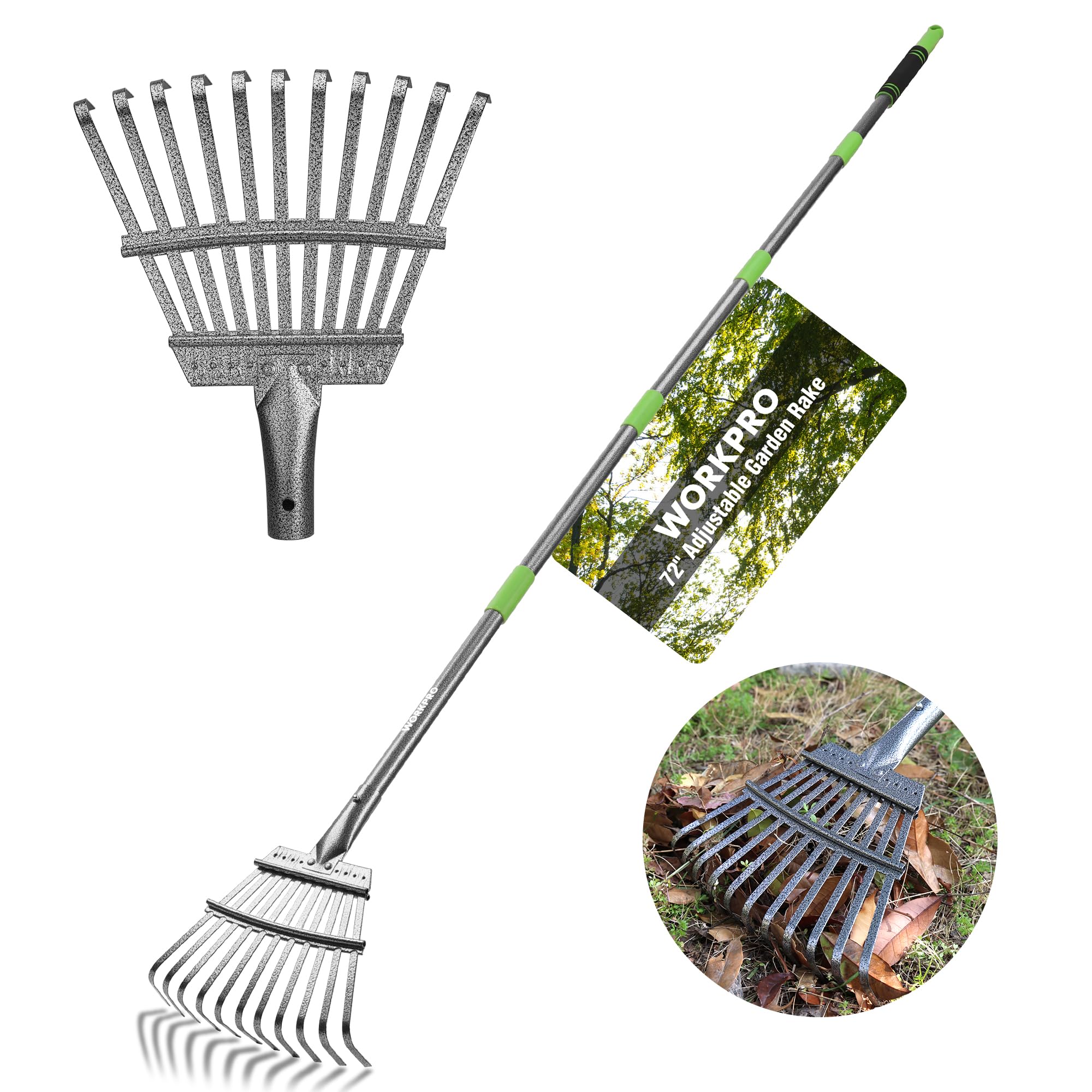 WORKPRO Rake, Small Rake for Leaves with 72” Adjustable Long Handle