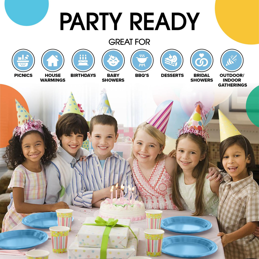 Party Solids Light Blue Plastic Plates For Party 7" Light Blue Disposable Plates For Party Supplies 100 Pcs Plastic Dinnerware Sets Heavy Duty 350 GSM Disposable Dinnerware Set