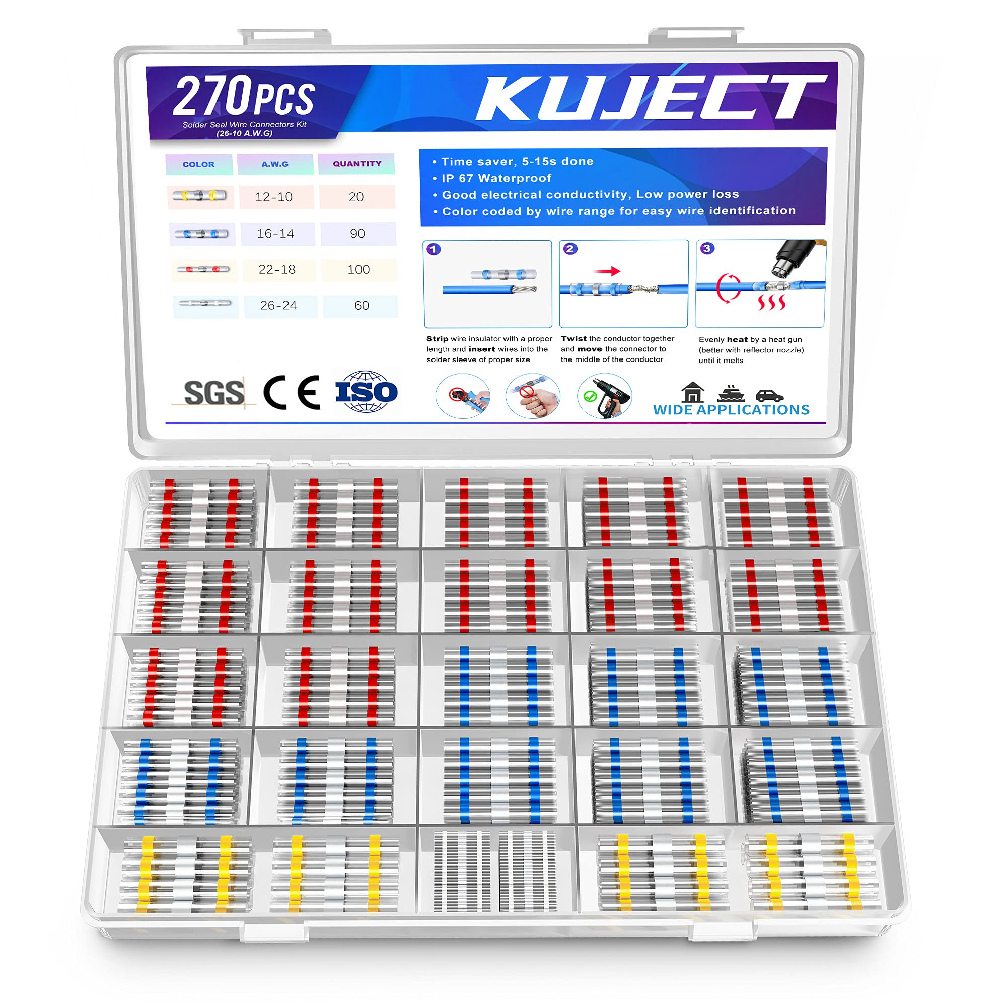 Kuject Heat Shrink Solder Seal Wire Connectors Kit 270PCS