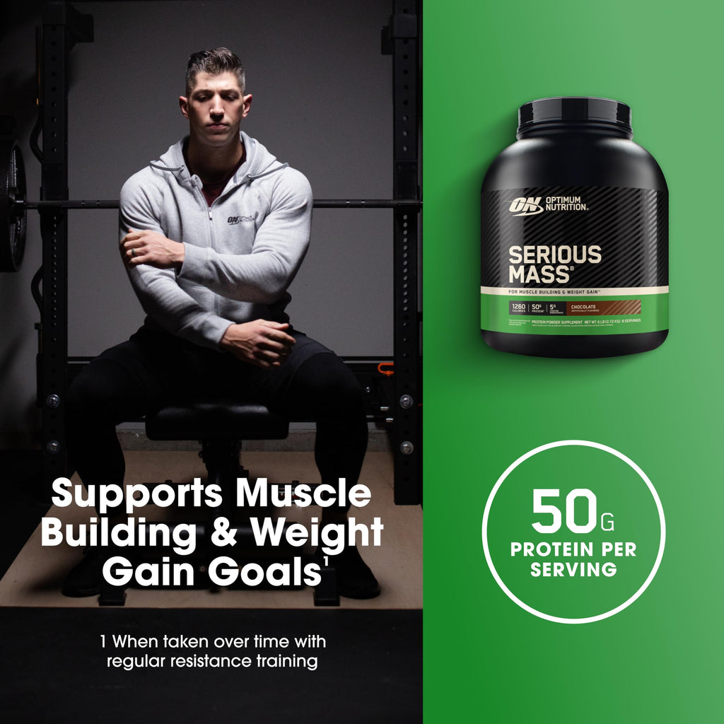 Optimum Nutrition Serious Mass, Weight Gainer Protein Powder, Mass Gainer, Vitamin C and Zinc for Immune Support, Creatine, Chocolate, 6 Pound (Packaging May Vary)